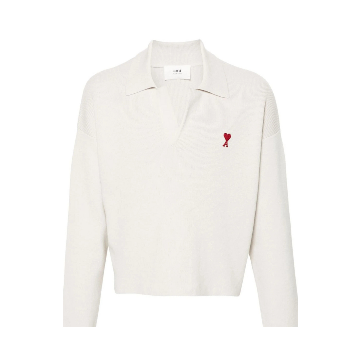 AMI Paris Heart Logo Knitted Polo Sweater (Off-White)