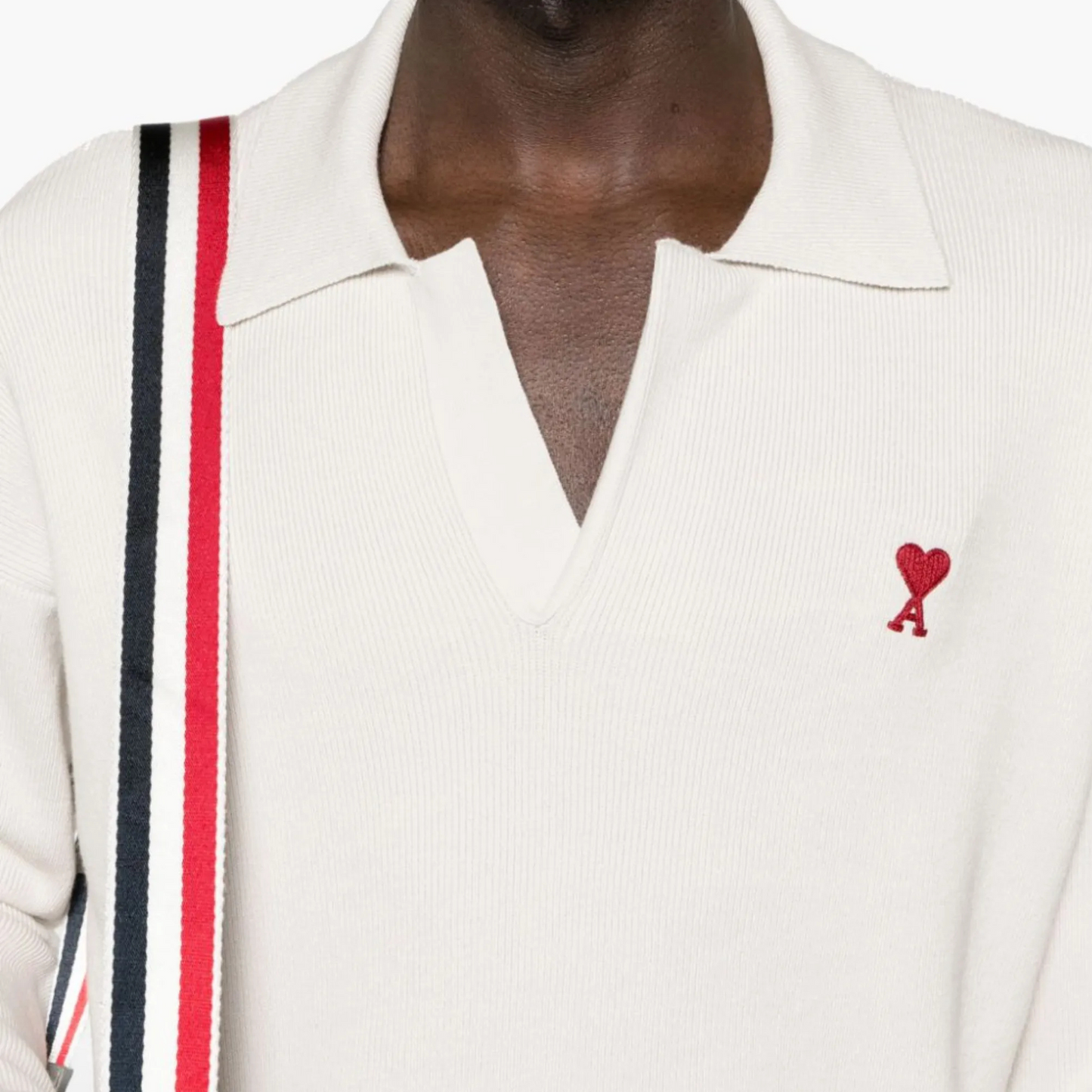 AMI Paris Heart Logo Knitted Polo Sweater (Off-White)