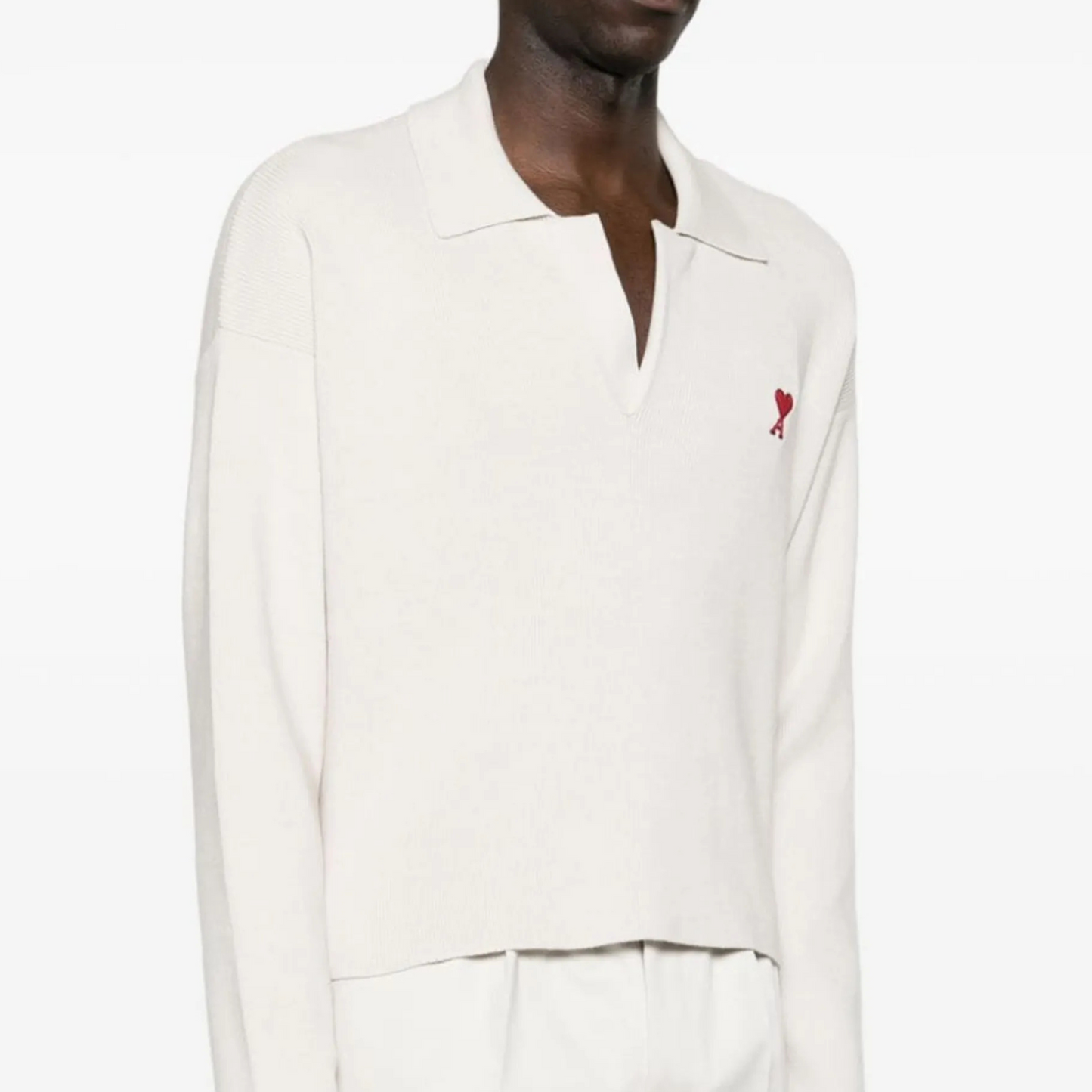 AMI Paris Heart Logo Knitted Polo Sweater (Off-White)