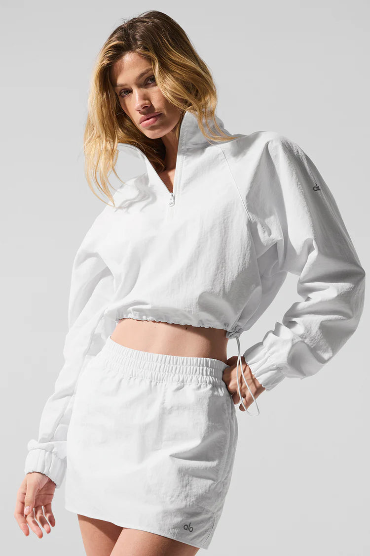 Alo Cropped 1/4 Zip Alumni Pullover and Shorts Set white