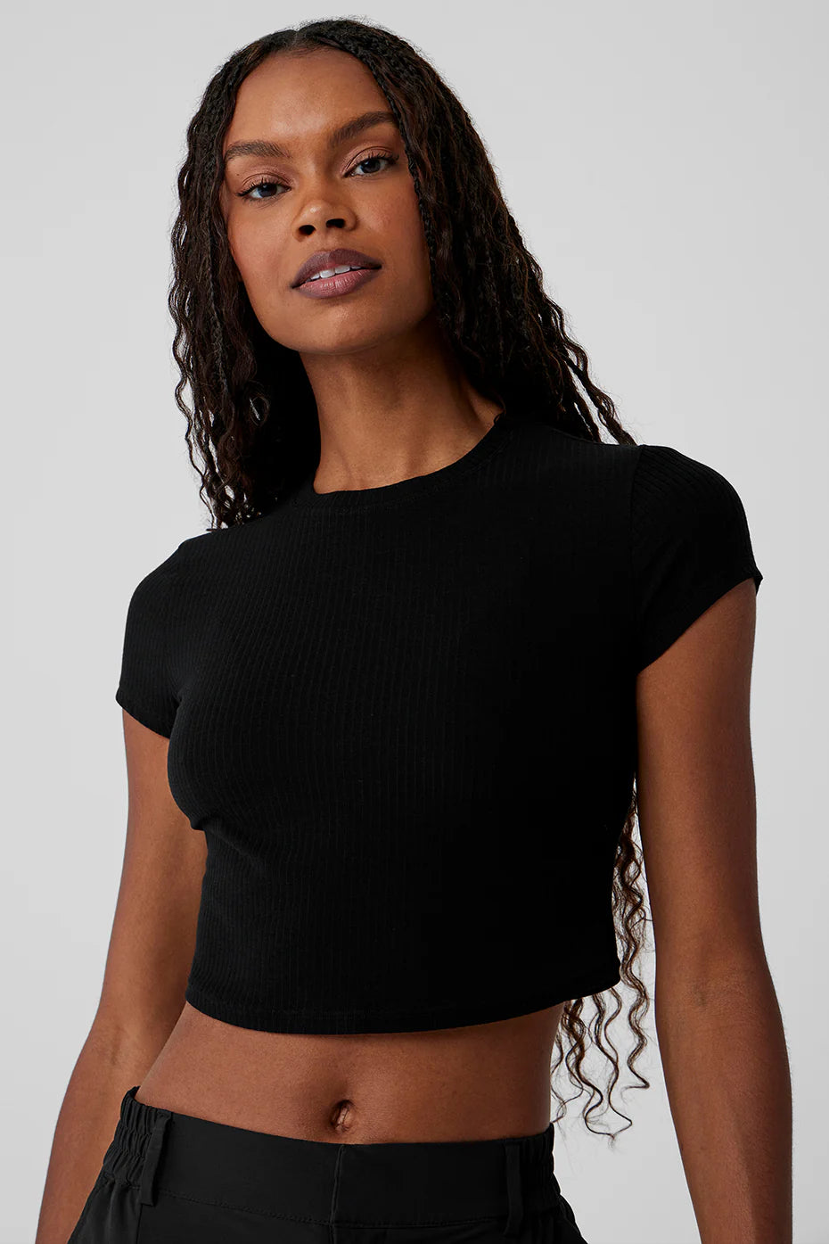 Alo Ribbed Sea Coast Cropped Short Sleeve Tee Black