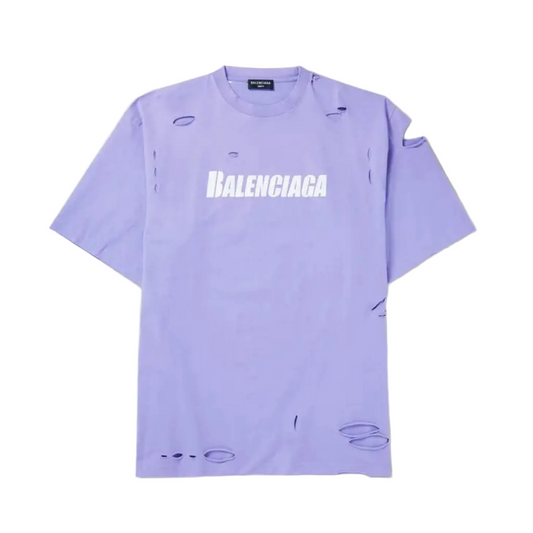 Balenciaga Oversized Distressed Logo-Print Cotton-Jersey T-shirt Purple