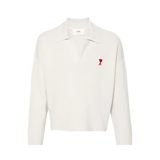 AMI Paris Heart Logo Knitted Polo Sweater (Off-White)