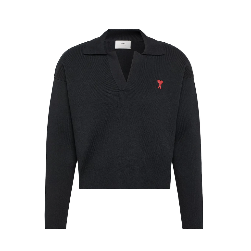 AMI Paris Heart Logo Knitted Polo Sweater Black