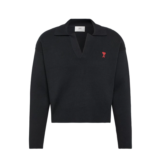 AMI Paris Heart Logo Knitted Polo Sweater Black