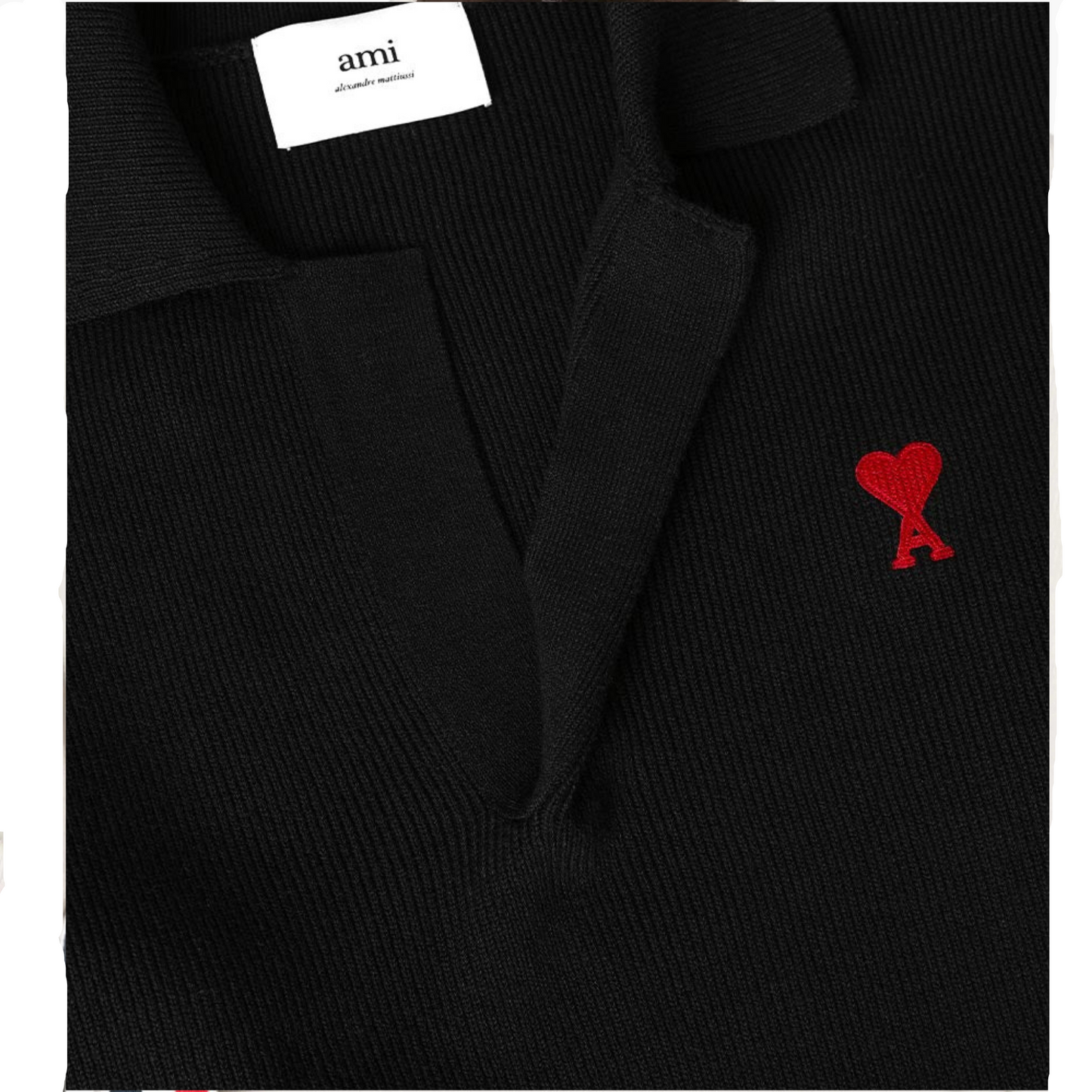 AMI Paris Heart Logo Knitted Polo Sweater Black