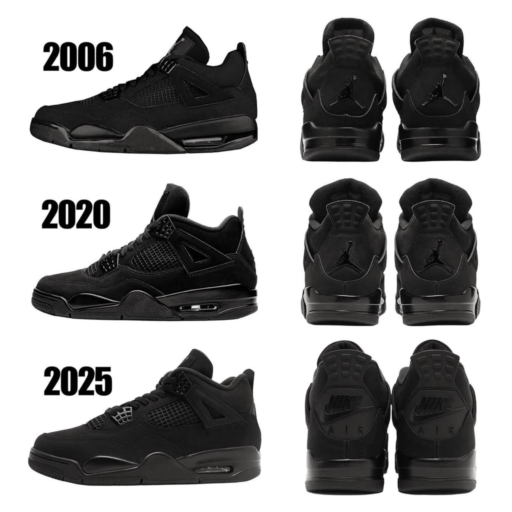 Air Jordan 4 Retro Black Cat collage: side and rear views of 2006, 2020, 2025 all-black nubuck.