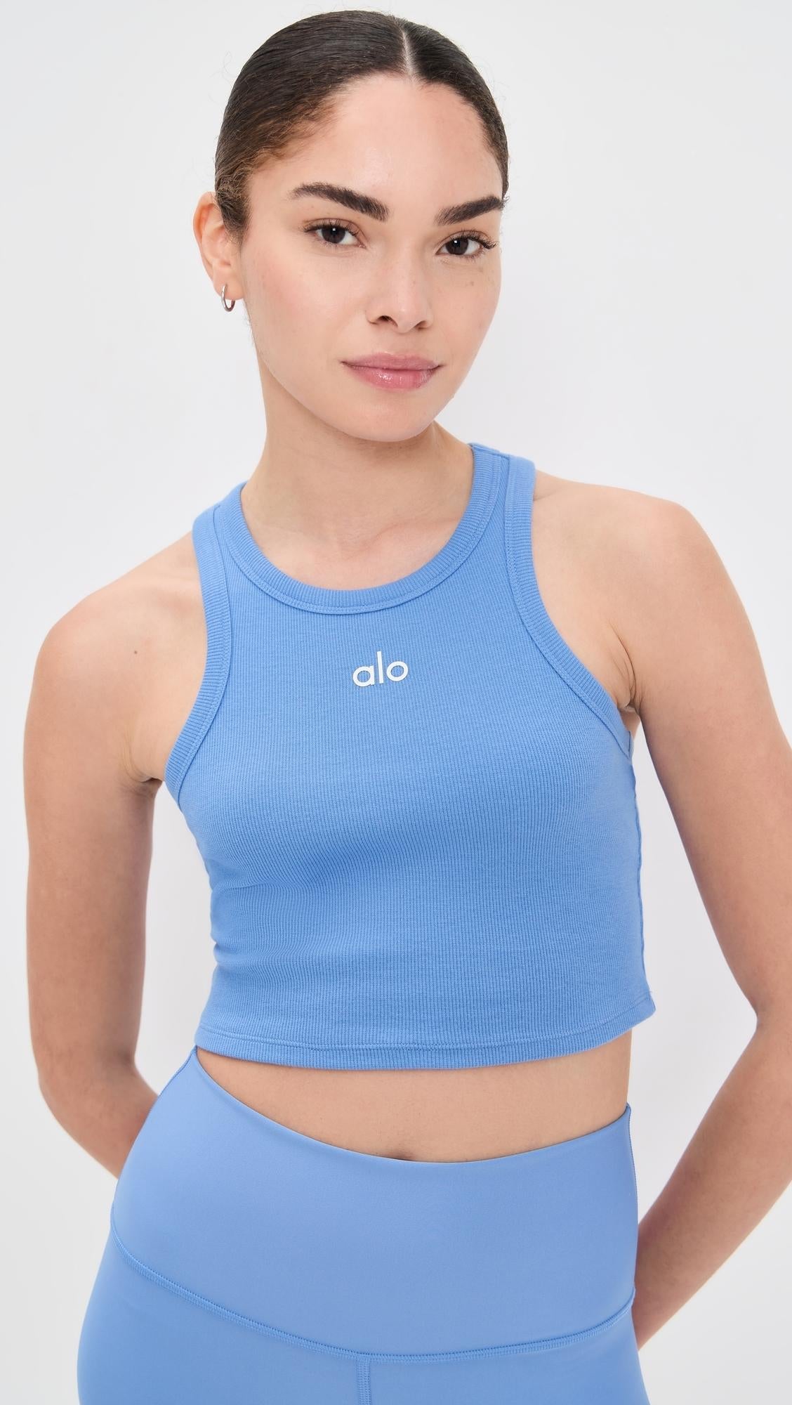 Alo Yoga Women's Aspire Cotton-Blend Jersey Crop Top Crystal Clear Blue/White